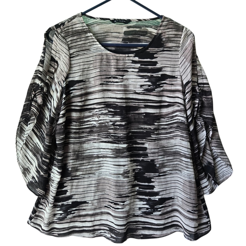 H by Halston Black Grey Bell Sleeve Cold Shoulder Chiffon Blouse Top Artsy M